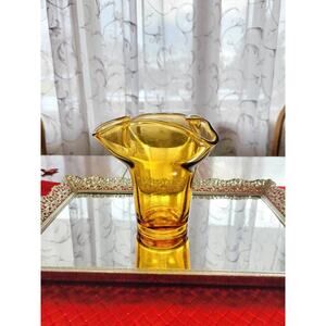 Vintage Amber Handkerchief Vase, Art Glass Mid Century Modern